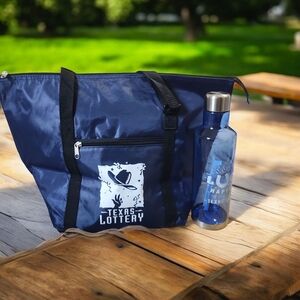 NWT Texas Lottery Navy Blue Tote Bag And Water Bottle Bundle
